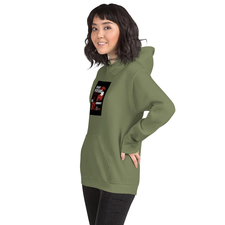 Unisex pullover hoodie, military green, side front with chest graphic and hood