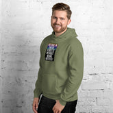 Military green unisex hoodie with front logo graphic and kangaroo pocket
