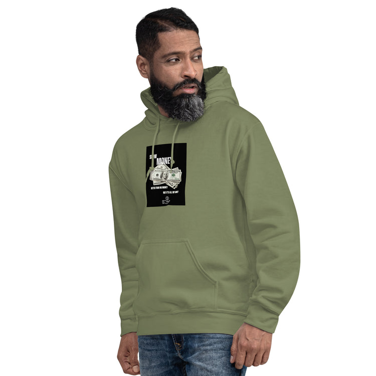 Unisex olive green pullover hoodie with hood, front pocket, and chest graphic print