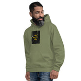 Unisex military green hoodie with front kangaroo pocket and chest graphic print