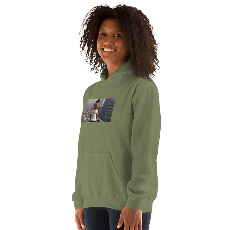 Green unisex hoodie with front photo graphic, hood, and kangaroo pocket