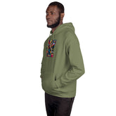 Olive unisex pullover hoodie with colorful chest graphic, hood and kangaroo pocket