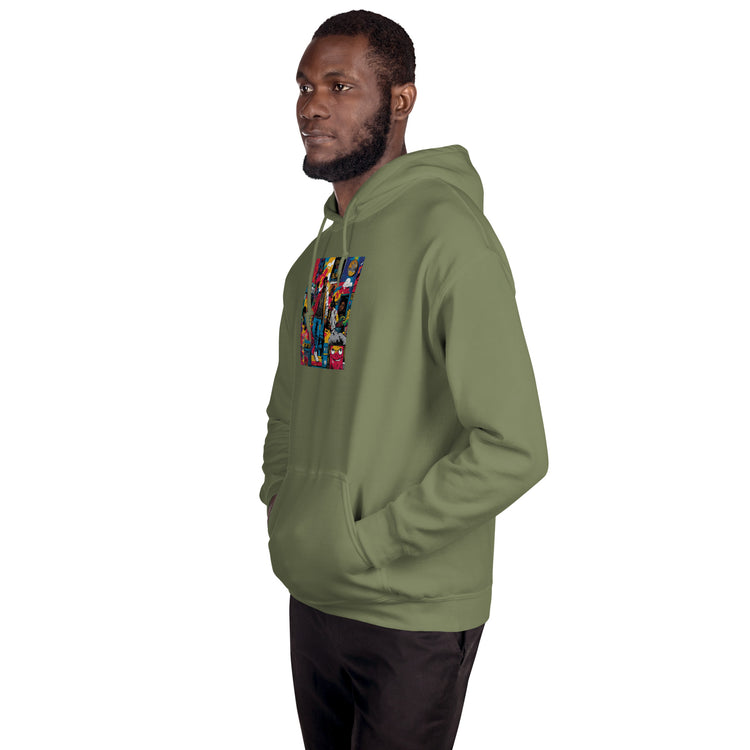 Olive unisex pullover hoodie with colorful chest graphic, hood and kangaroo pocket