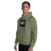 Unisex military green hoodie with front square logo graphic, hood, and pouch pocket.