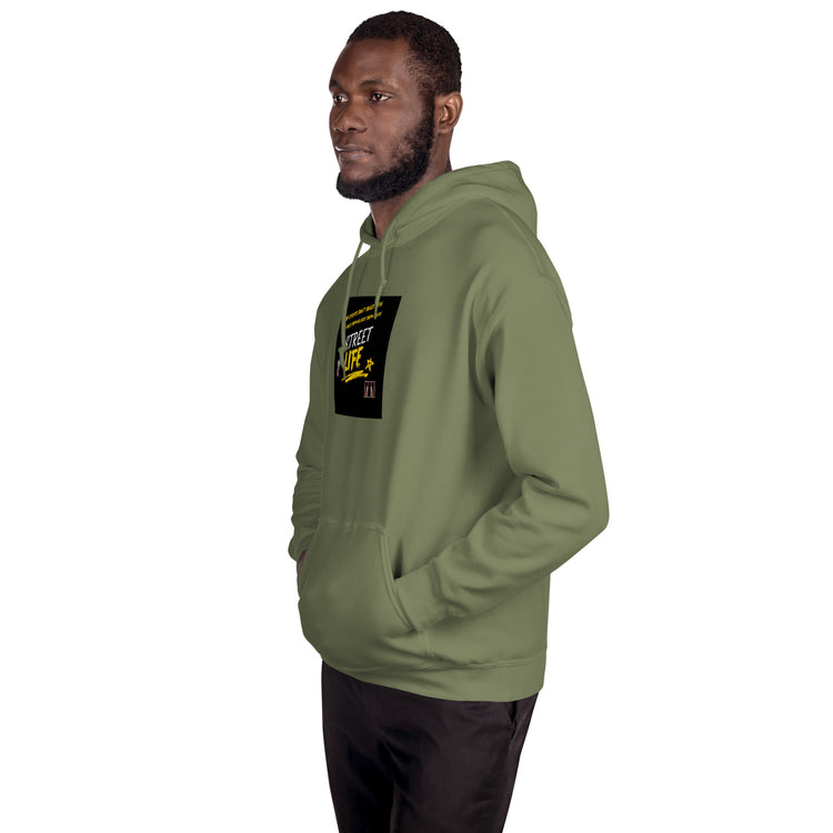 Unisex olive green hoodie with front logo graphic and hood