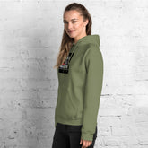 Olive green unisex hoodie with hood, front pouch pocket, square chest logo