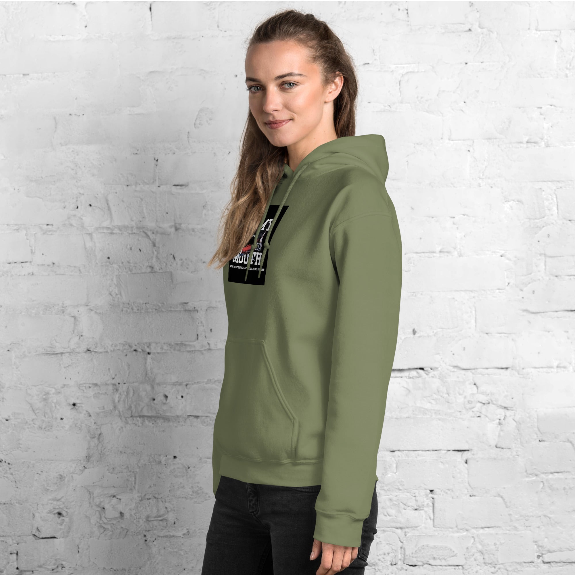 Olive green hoodie with hood, long sleeves, and small chest graphic