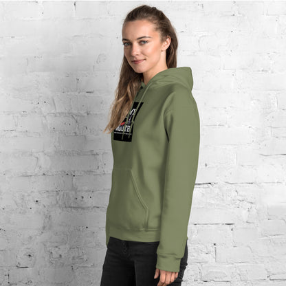 Olive green hoodie with hood, long sleeves, and small chest graphic