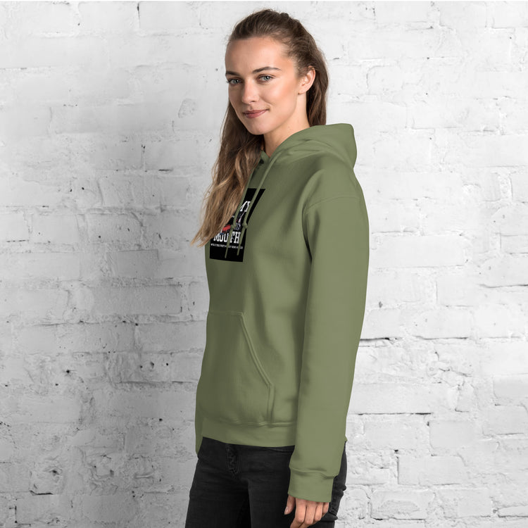 Olive green unisex hoodie with hood, front pouch pocket, square chest logo