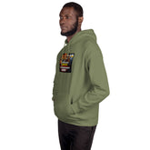 Unisex pullover hoodie in olive green, with hood and front graphic print