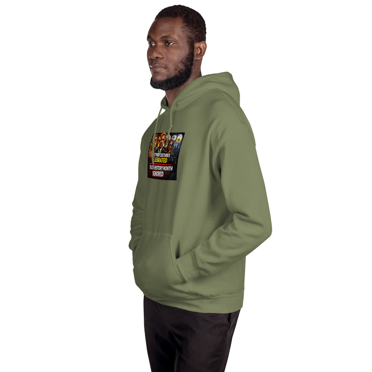 Unisex pullover hoodie in olive green, with hood and front graphic print