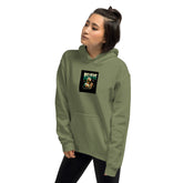 Unisex hoodie military green, front view with chest graphic and pullover hood