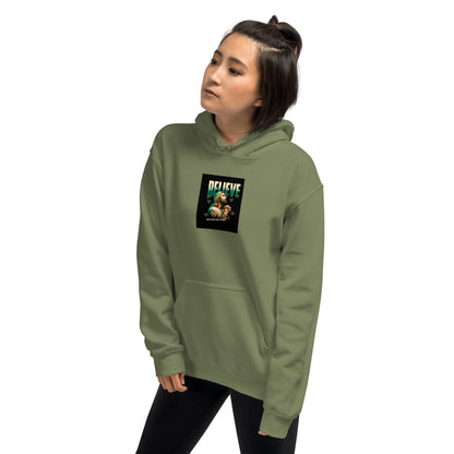 Unisex hoodie military green, front view with chest graphic and pullover hood