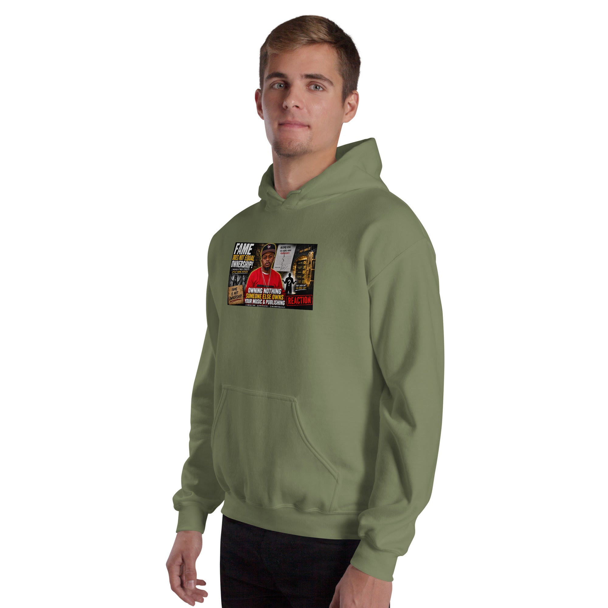 Olive green unisex hoodie with chest graphic print and drawstring hood.