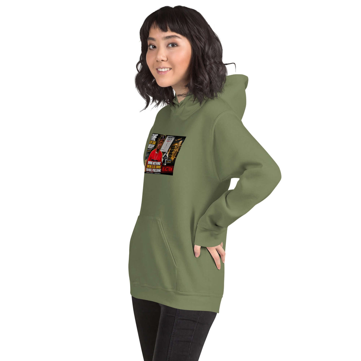 Military green unisex hoodie with front graphic print, drawstring hood and kangaroo pocket