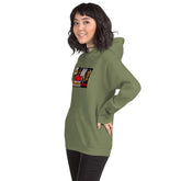 Military green unisex hoodie with front graphic print, drawstring hood and kangaroo pocket