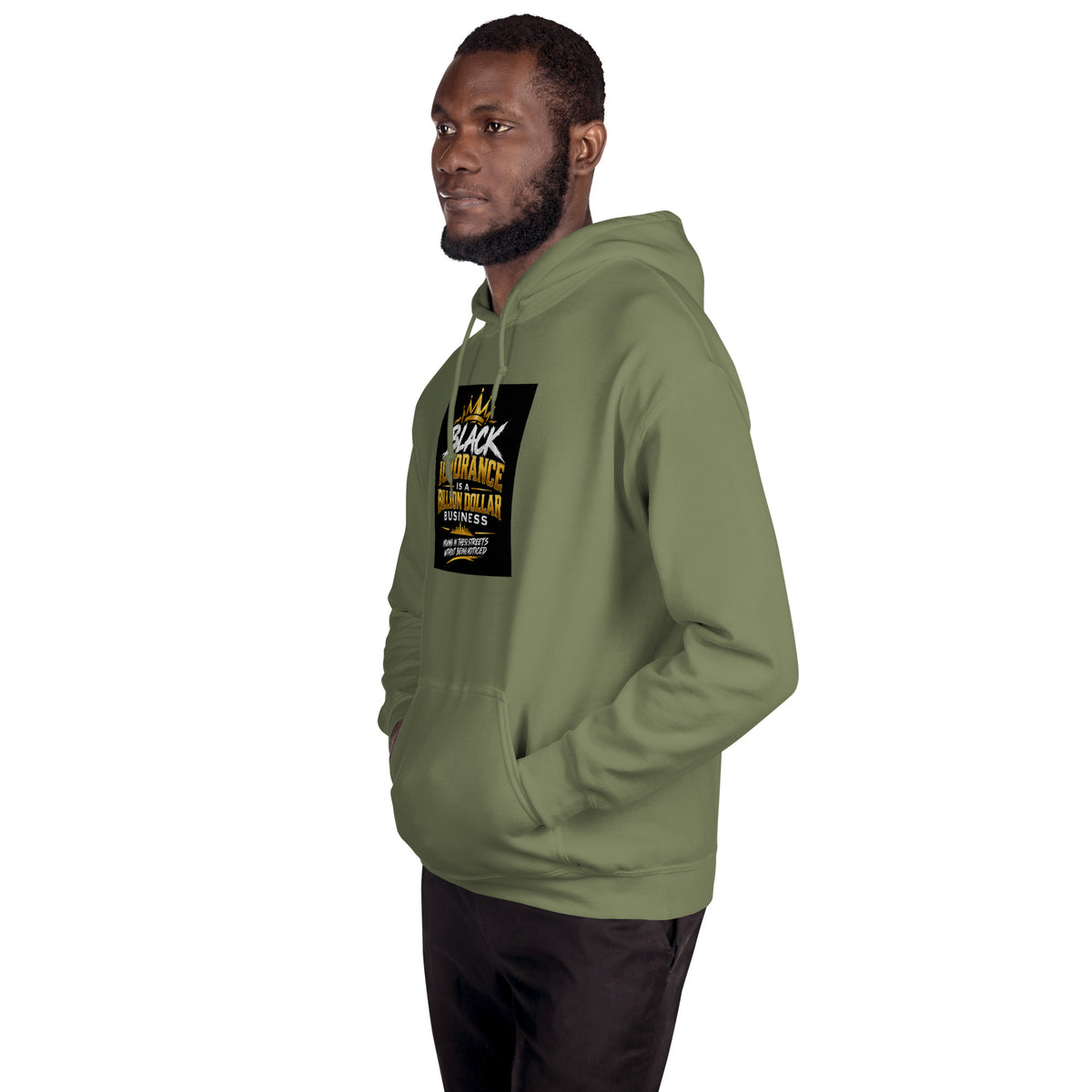 Olive green unisex hoodie with black square front graphic on chest
