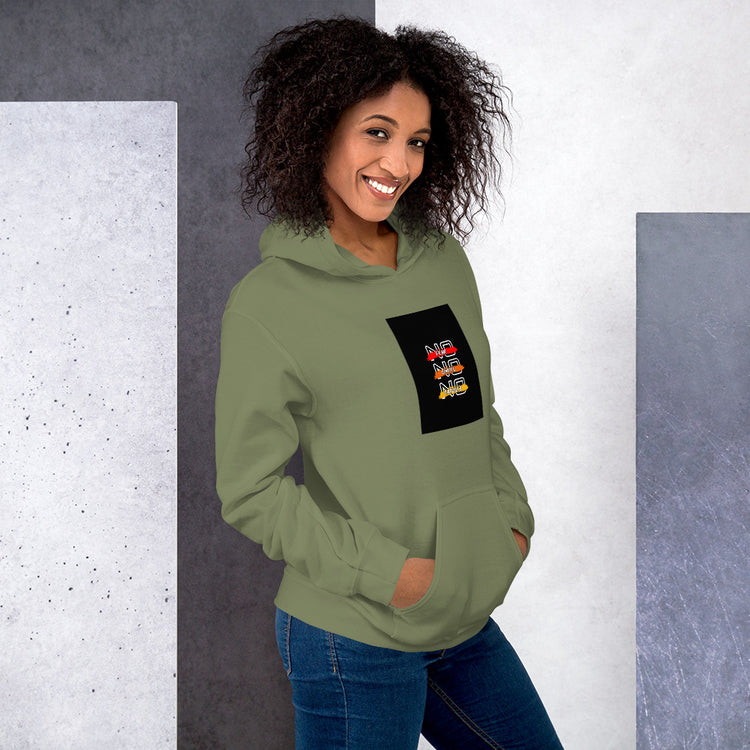 Unisex olive green hoodie with hood, kangaroo pocket, and square chest graphic.