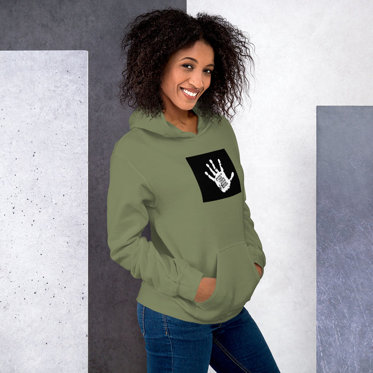 Unisex military green hoodie with square handprint graphic on front