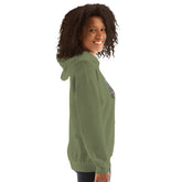 Unisex hoodie, dark green, with hood and kangaroo front pocket.