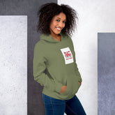 Unisex hoodie in military green with front graphic patch and hood.