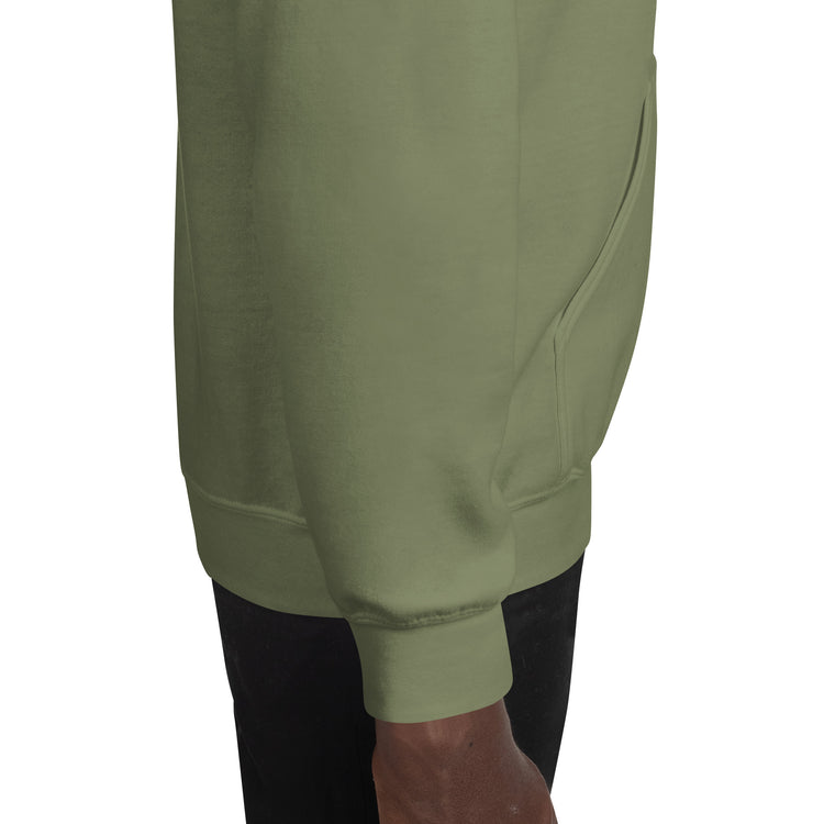 Olive unisex pullover hoodie close-up of pocket area and side seam