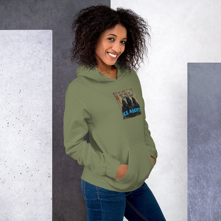 Military green unisex hoodie with front “ICE AGENTS” print and drawstring hood
