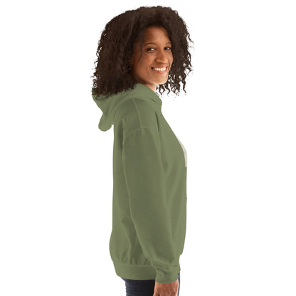 Military green unisex hoodie with hood and kangaroo pocket, side view.