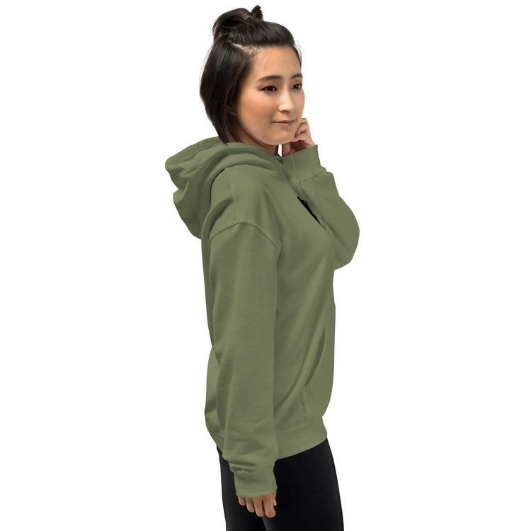 Military green unisex hoodie with front pocket and small chest logo patch