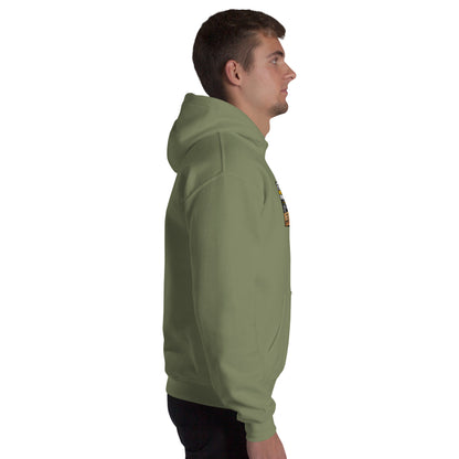 Military green unisex pullover hoodie, side view with front pocket and hood