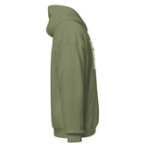 Military green unisex pullover hoodie side view with hood and sleeve graphic strip