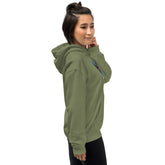 Military green pullover hoodie with hood and kangaroo pocket, chest graphic print