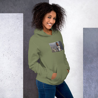 Olive green pullover hoodie with hood, front pocket, and rectangular chest photo graphic.
