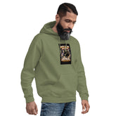 Olive green unisex hoodie with chest graphic print and front pocket detail