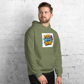 Unisex dark-green hoodie with front graphic print, kangaroo pocket, hood