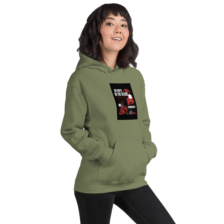 Unisex pullover hoodie, military green, front view with chest graphic and pouch pocket