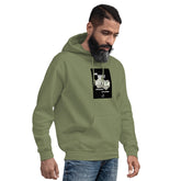 Unisex olive green pullover hoodie with hood and front pocket, printed chest graphic