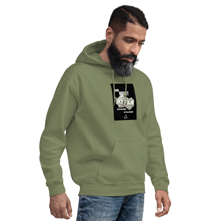 Unisex olive green pullover hoodie with hood and front pocket, printed chest graphic