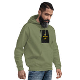 Unisex military green hoodie with front kangaroo pocket and chest graphic print