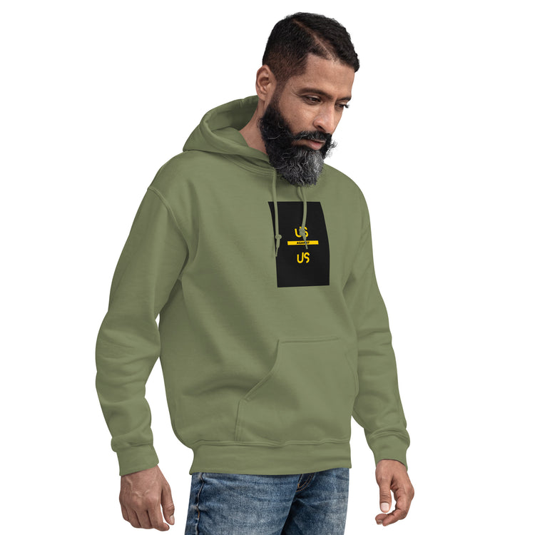 Unisex military green hoodie with front kangaroo pocket and chest graphic print