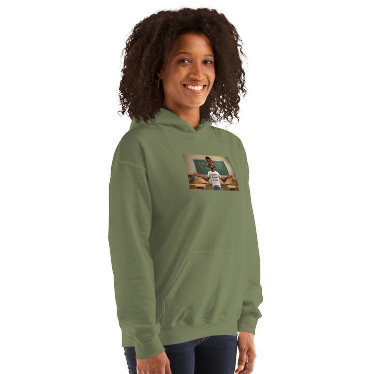 Military green unisex hoodie, front view with hood and chest graphic