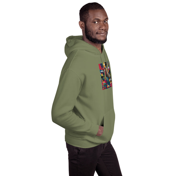 Olive unisex pullover hoodie with colorful chest graphic, side profile and hood