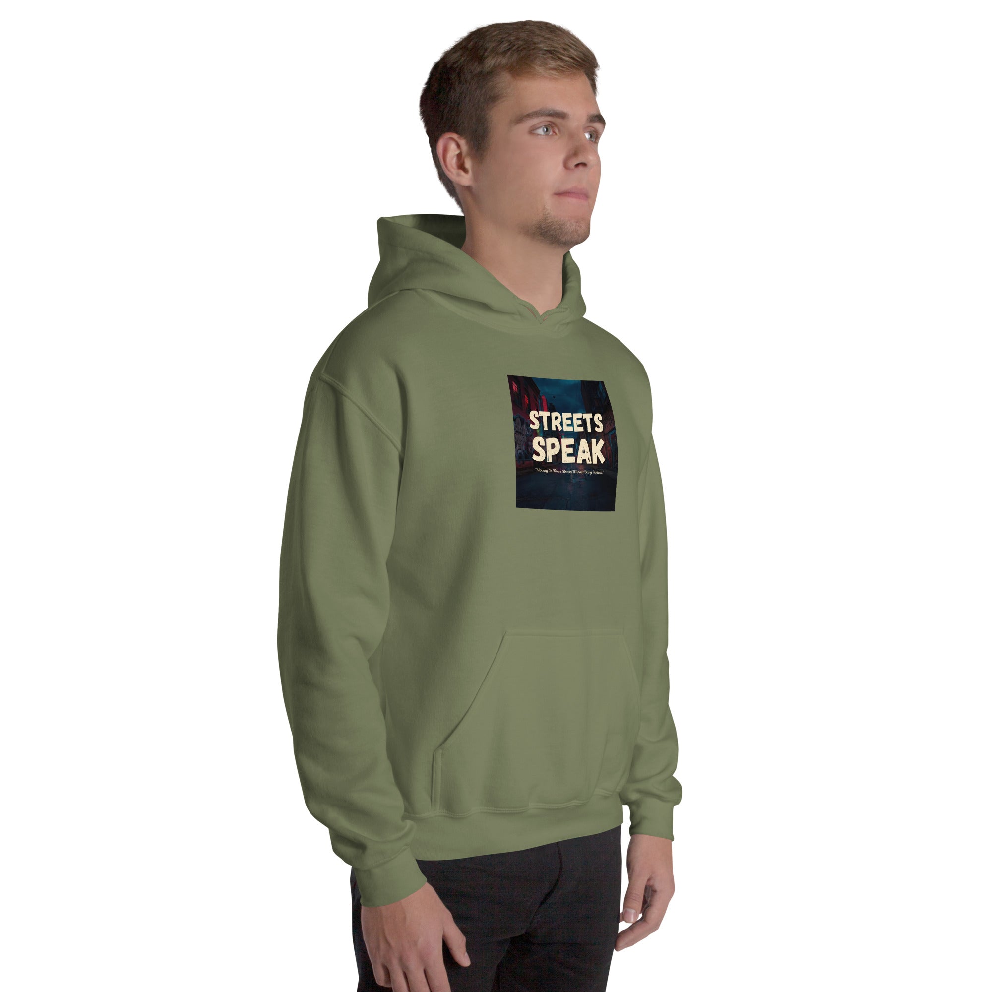 Military green unisex hoodie with “STREETS SPEAK” square chest graphic