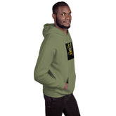 Unisex olive green hoodie with front logo graphic and hooded collar