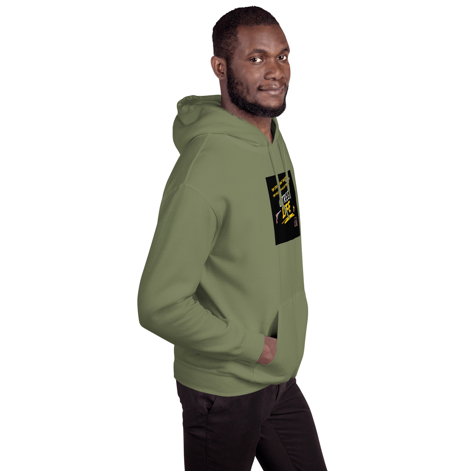 Military green hoodie with chest graphic patch, front hood and relaxed fit
