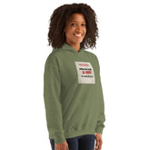 Military green hoodie with chest graphic print and hood, front view.