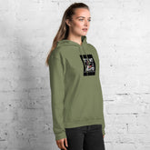 Olive green unisex hoodie with drawstring hood, front pouch pocket, square chest logo patch