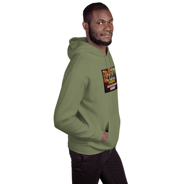 Unisex pullover hoodie in olive green, hooded, with front graphic print