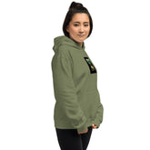 Military green hoodie, chest graphic on side view, front pocket and hood