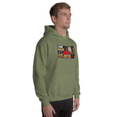 Military green unisex pullover hoodie, front graphic print and kangaroo pocket